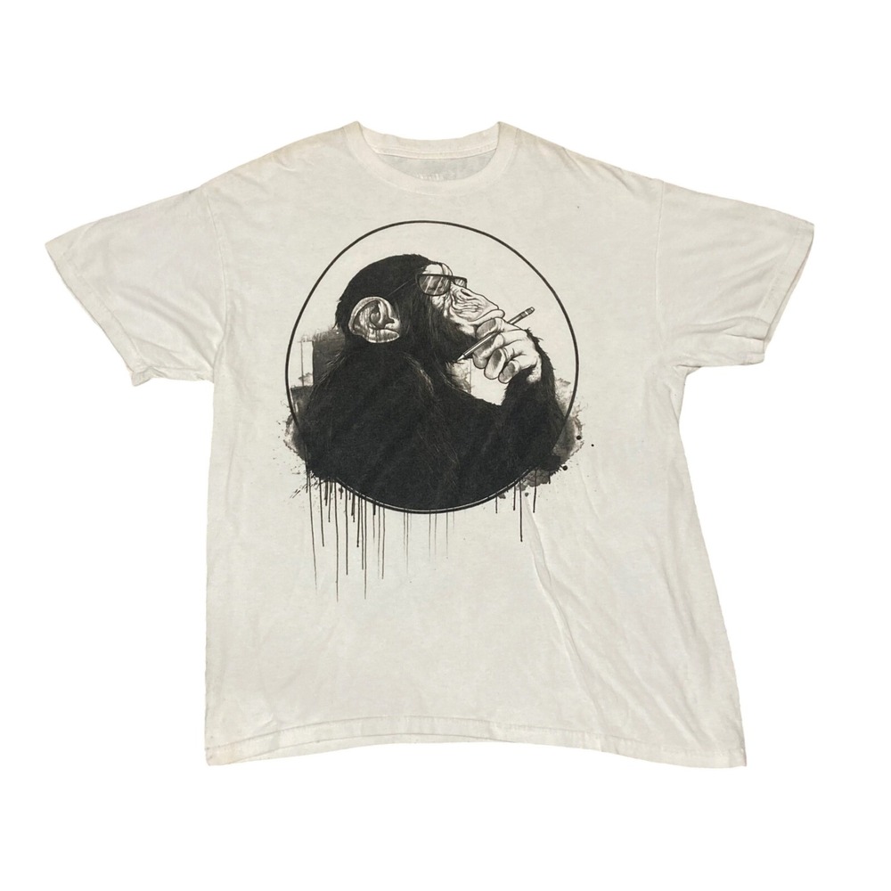 Graphic Chimp Smoking T-Shirt Mens Large White Short Sleeve Crewneck Tee